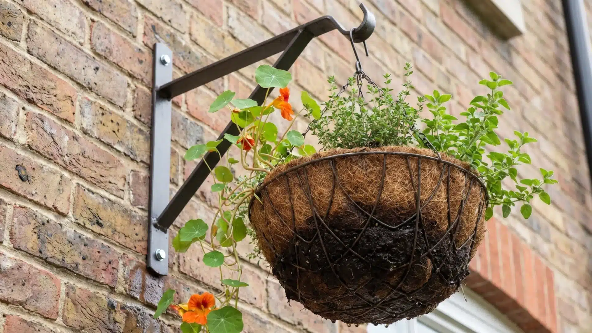 coir hanging basket with thyme oregano nasturtium and visible metal wall bracket support