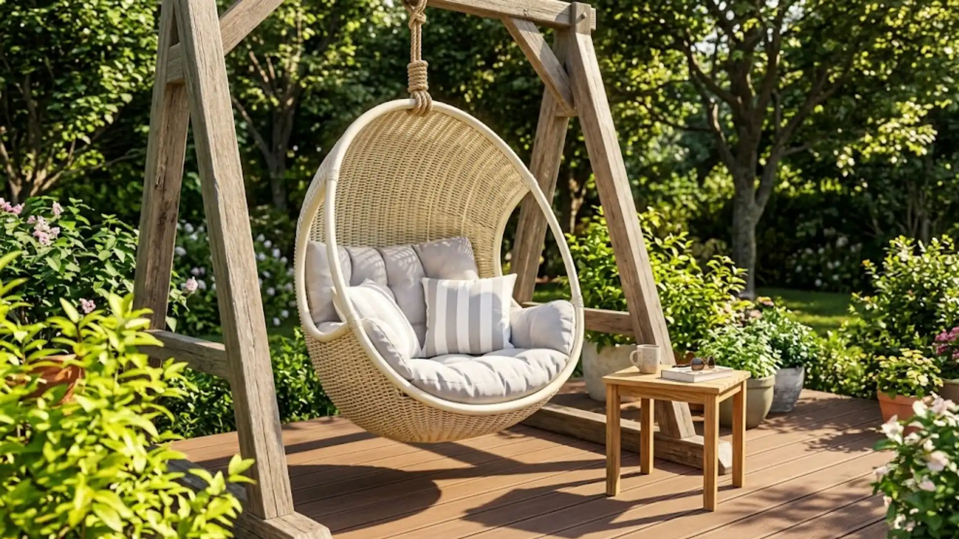 Hanging egg chair suspended in the corner of a backyard deck