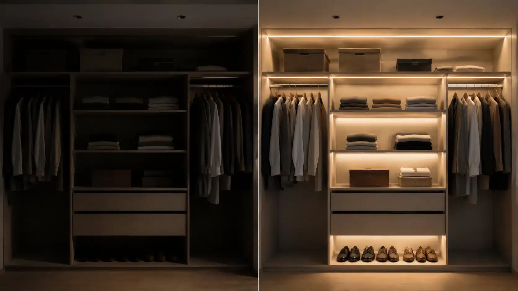 Split-screen closet lighting upgrade showing a dark closet before installation and warm built-in LED lighting after professional hardwired installation.
