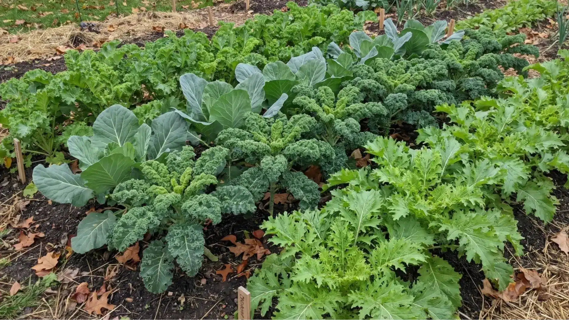 Kale, collards, and mustard greens growing in a fall garden bed