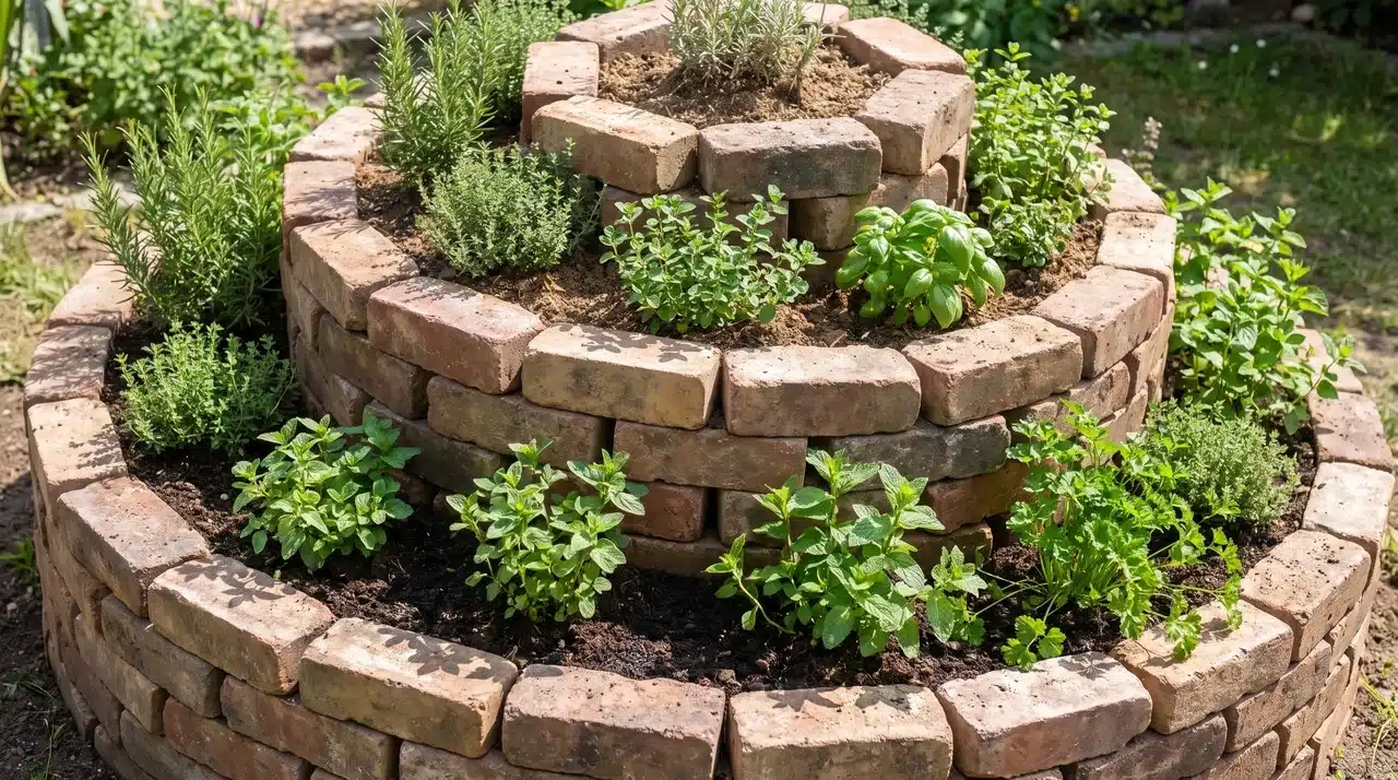 Circular herb garden divided into wedge-shaped sections with timber spokes and different herbs in each segment