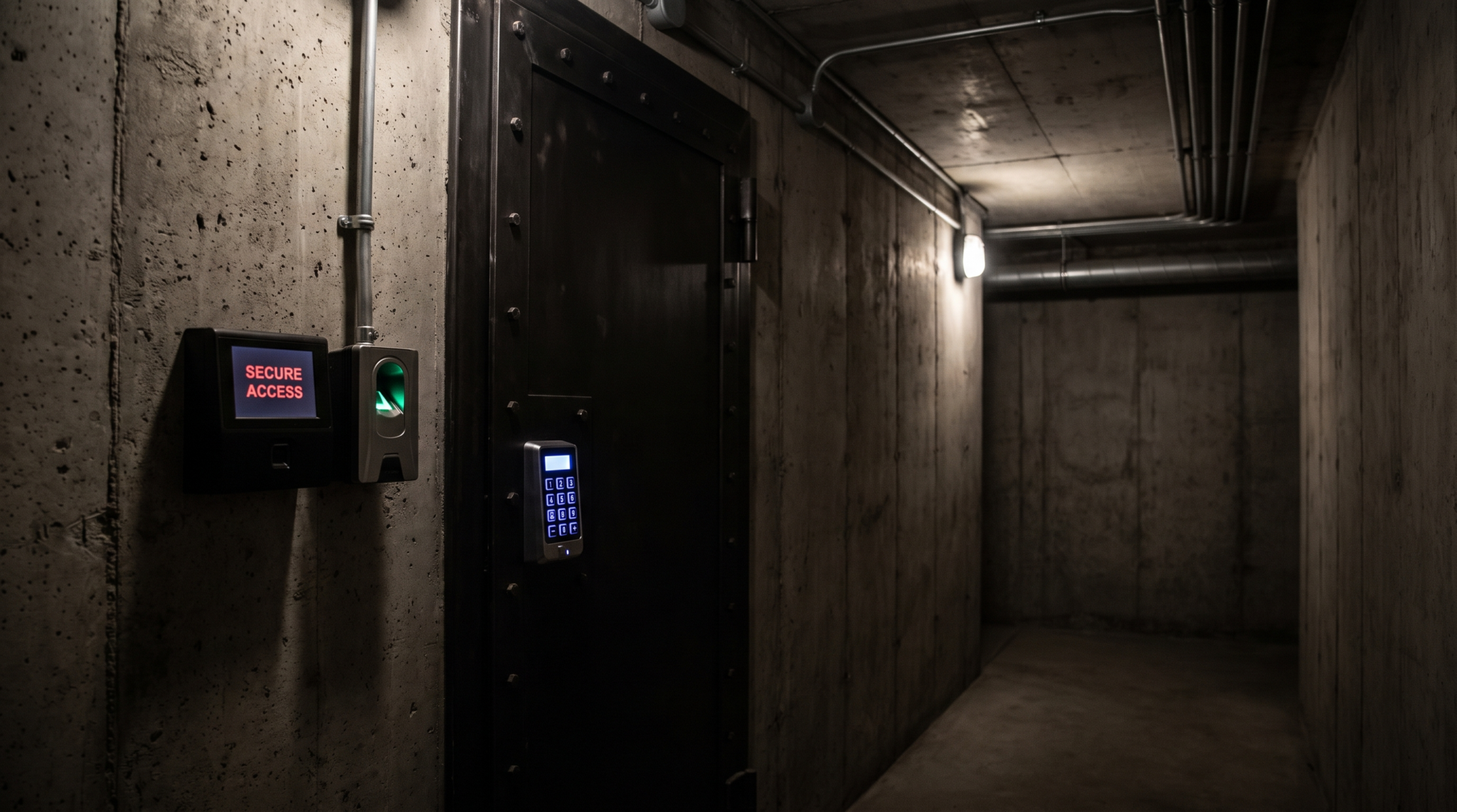 Basement gun room entrance with reinforced steel door and keypad access for added security.