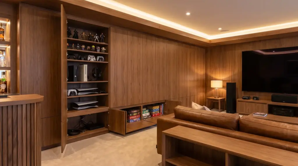 Hidden storage cabinet built into a modern man cave wall for organized gear and accessories.
