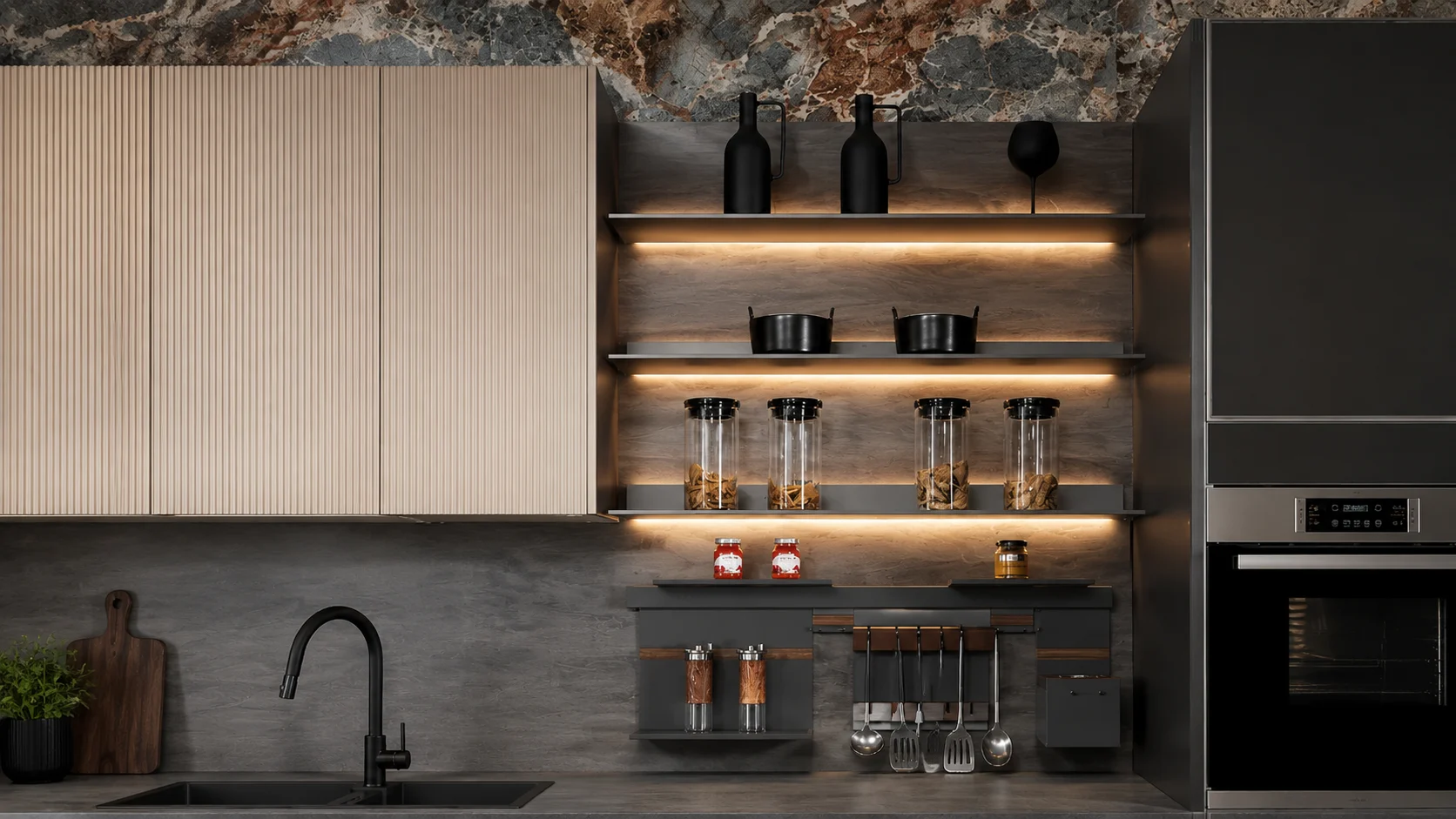 Modern dark kitchen with illuminated open shelves, matte black decor, glass storage jars, stone backsplash, and sleek built-in appliances.