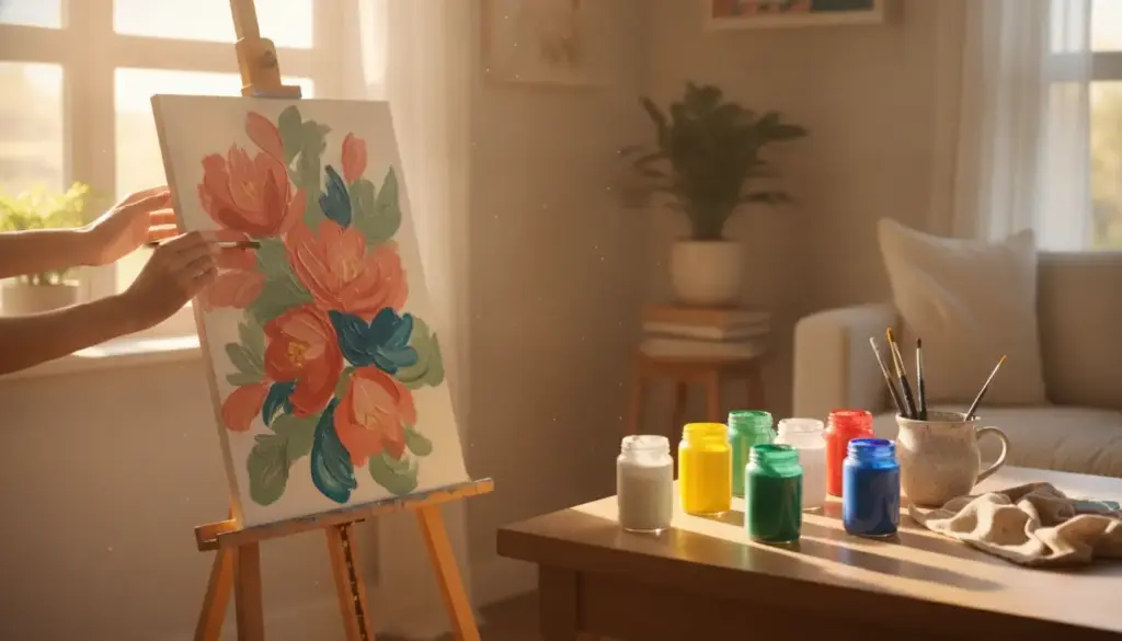 Home Decor DIY: A Beginner’s Guide to Painting Your Own Wall Canvas Person painting vibrant flowers on canvas in sunlit living room with paint jars nearby