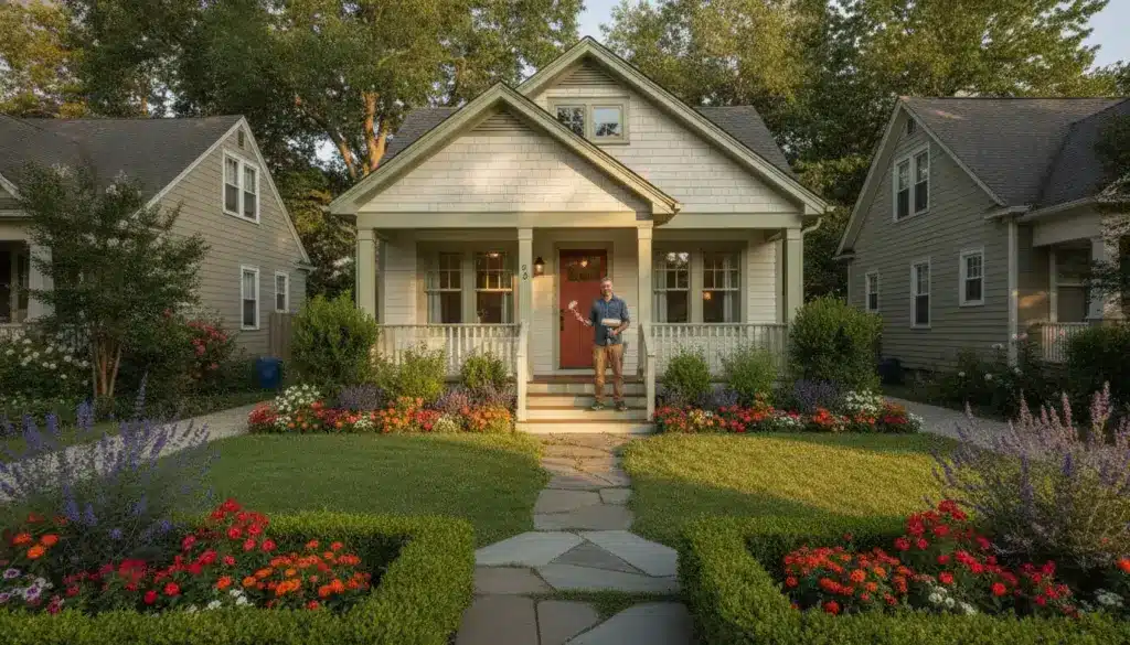 Home Improvement Projects Worth the Investment for Rental Properties Charming cottage-style house with red door, lush garden and man holding paint roller in afternoon light