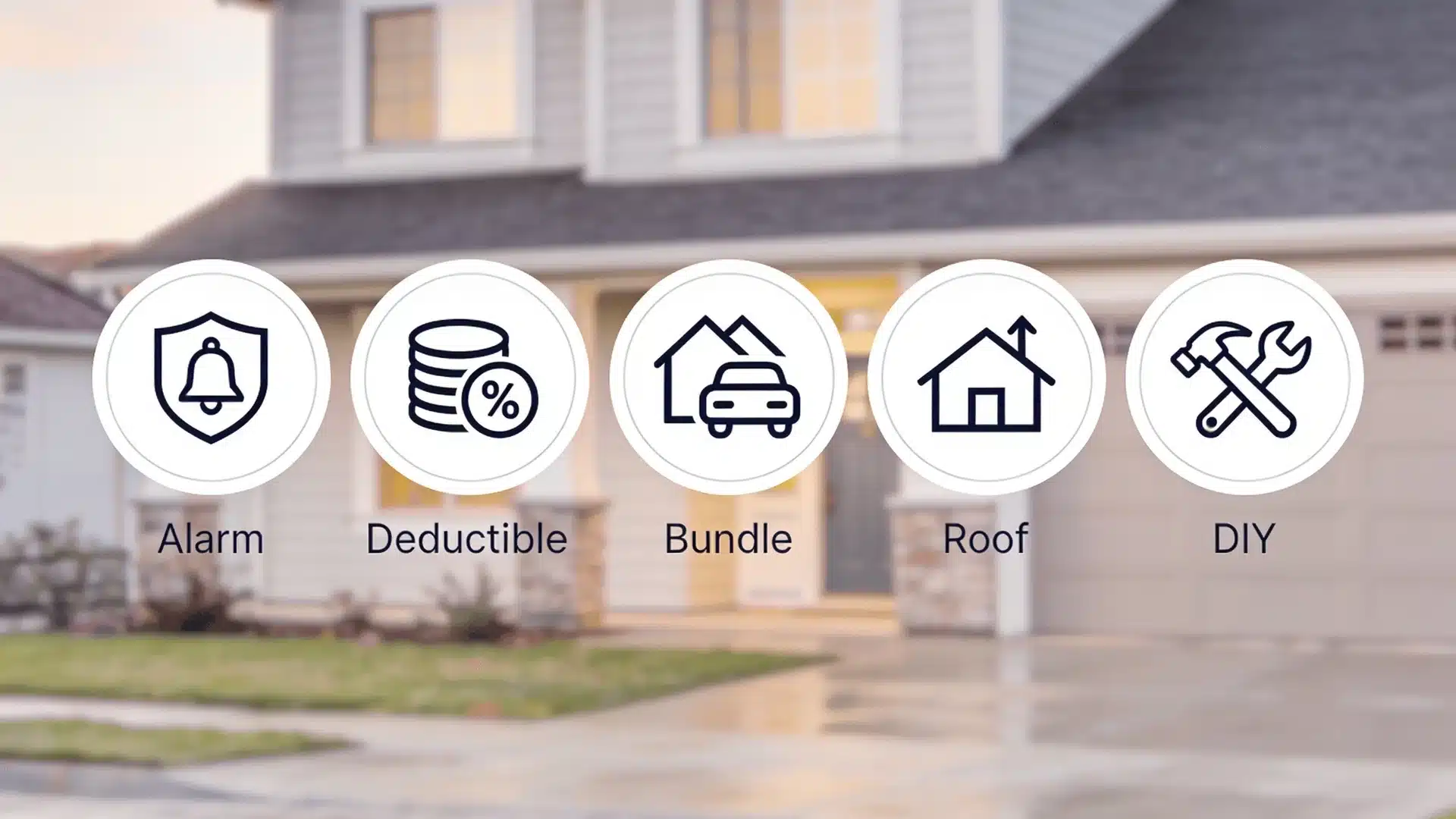 Five icons showing home upgrades that can lower a homeowners insurance premium