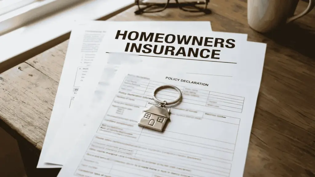 How Much is Homeowners Insurance & Its Cost Factors Homeowners insurance paperwork with a small house-shaped keychain on top