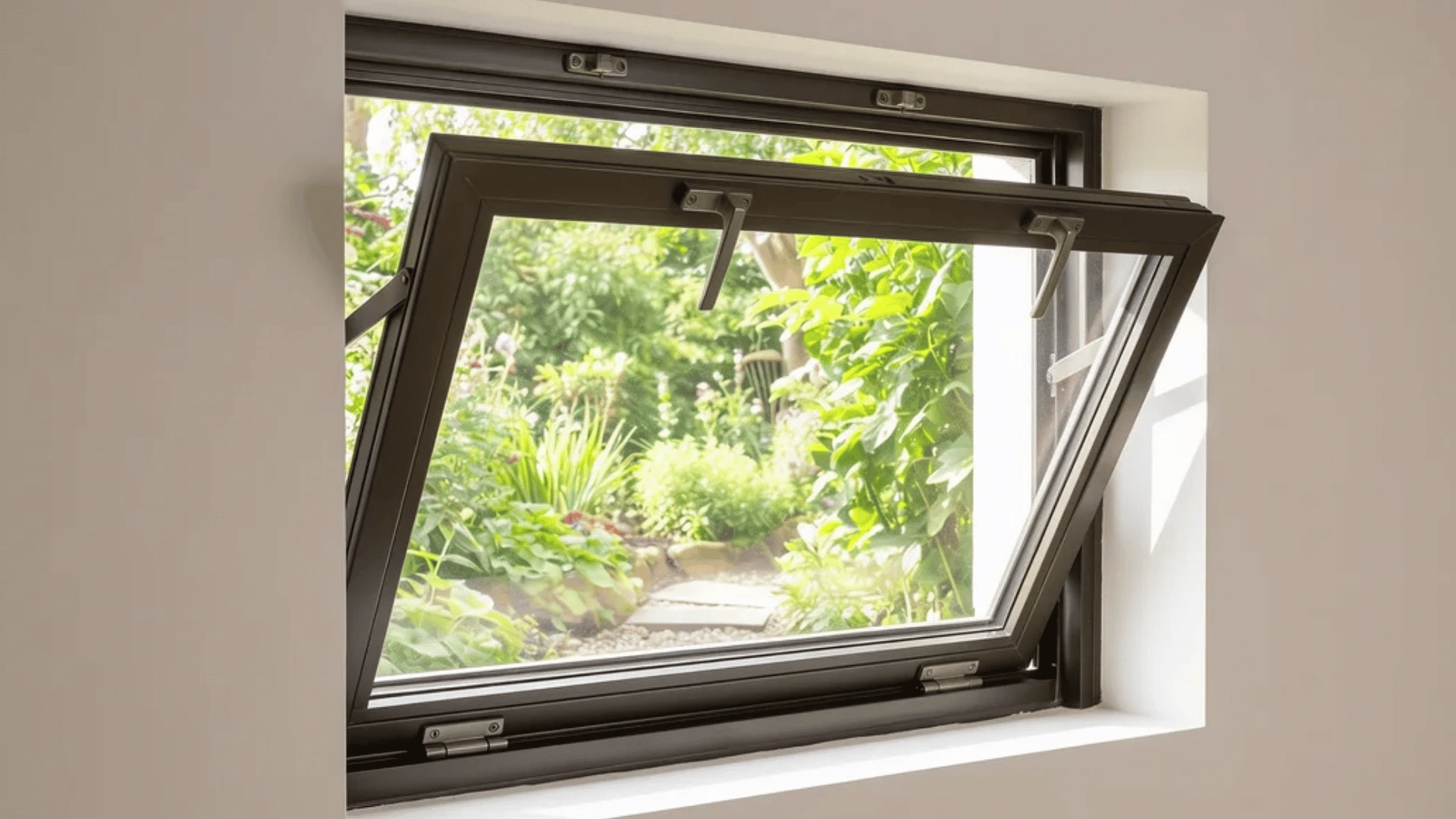 Hopper window opened inward in a modern wall frame