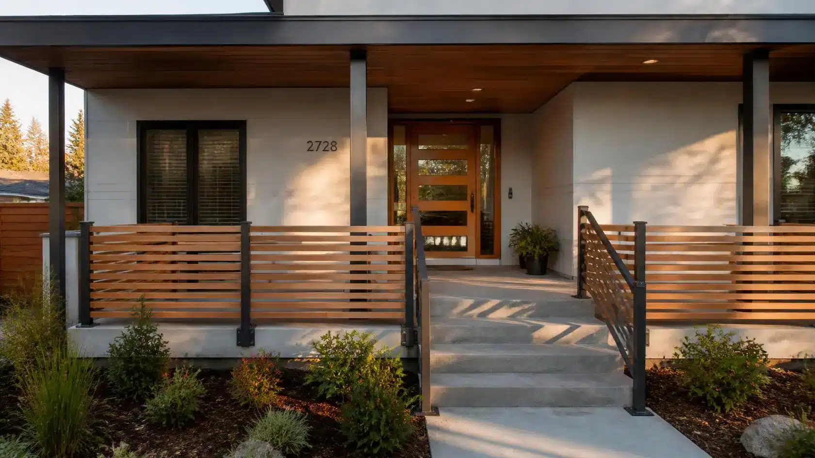modern porch with horizontal wood slat railings, black posts, and natural wood finishes creating an open contemporary design