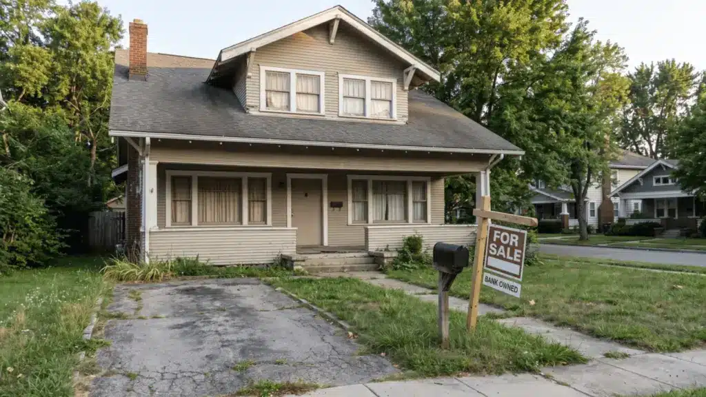 Foreclosed home for sale showing a suburban property with signs of vacancy