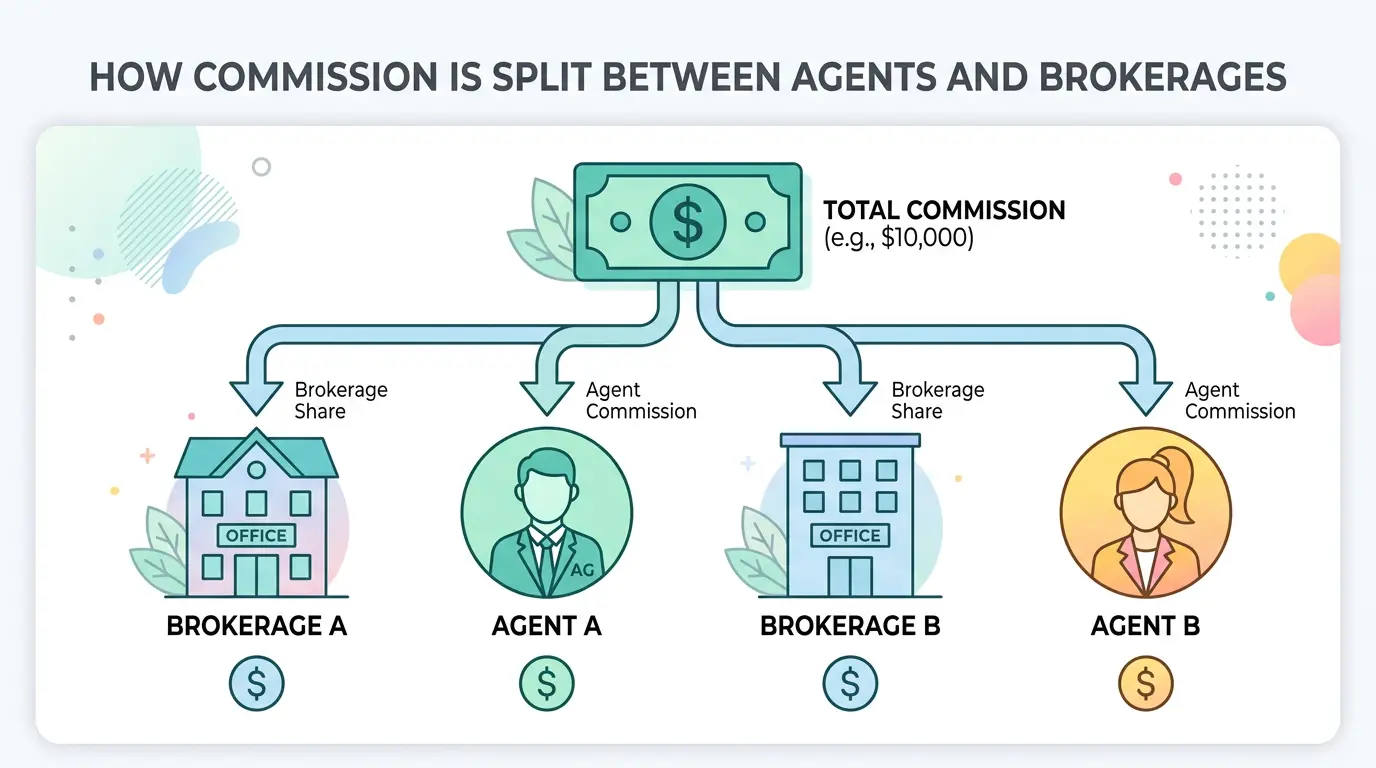 Dollar bill icon splitting into four icons representing two brokerages and two agents