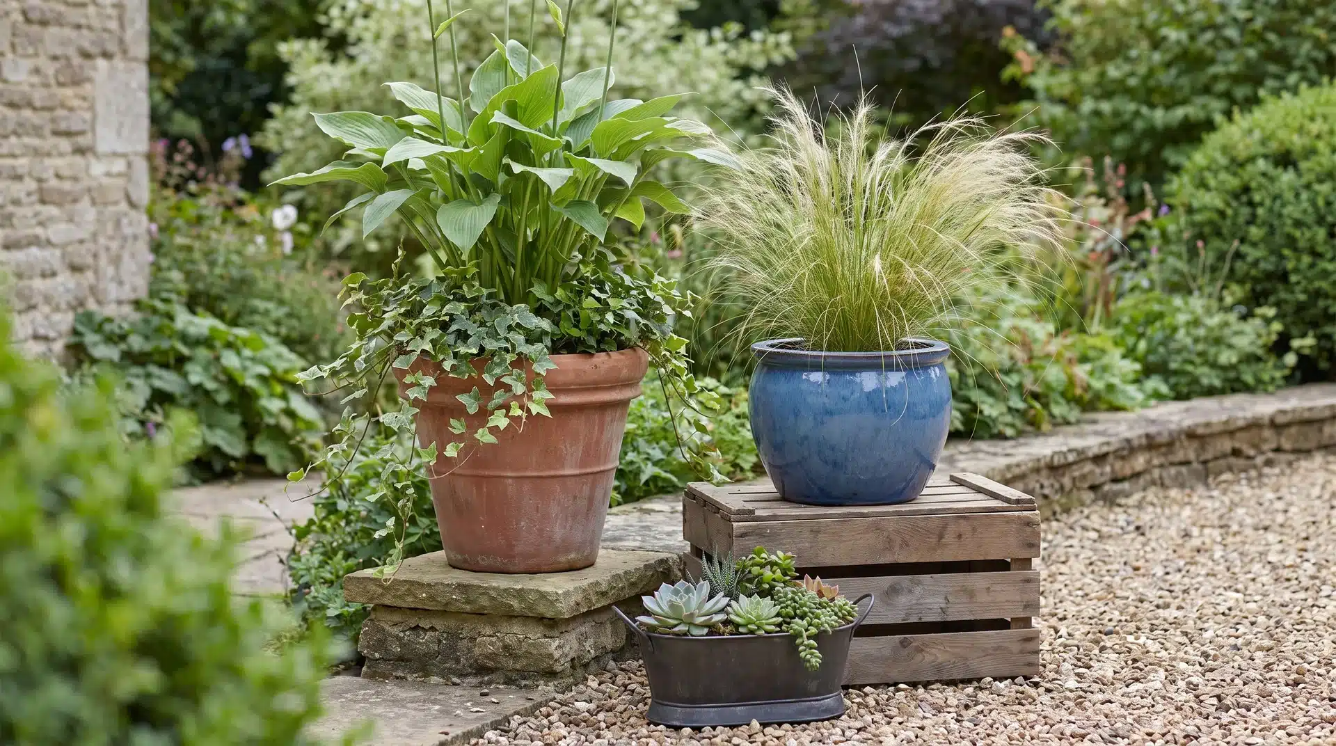 Three garden containers grouped at different heights with plants of varying sizes