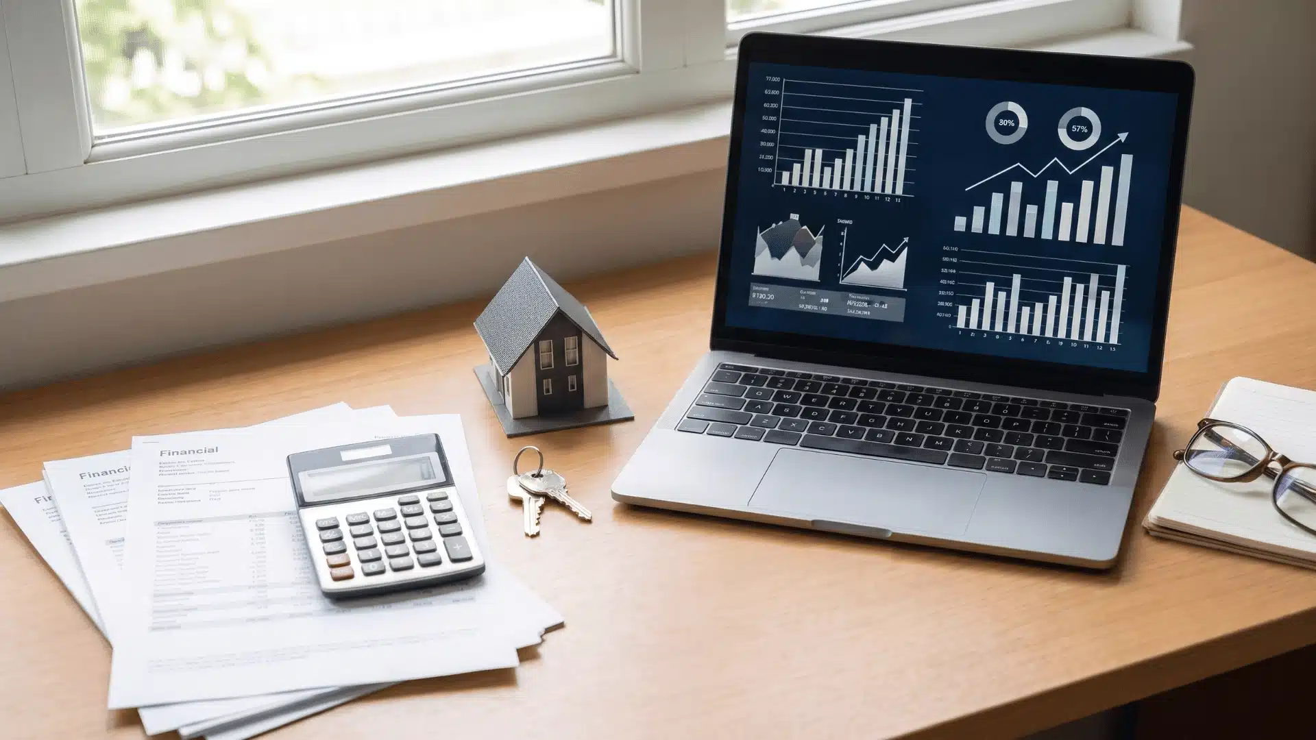Home purchase documents and laptop with investment account screen