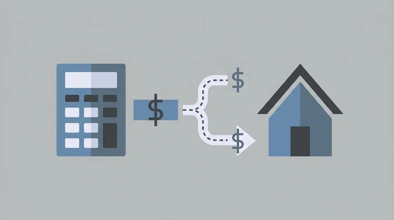 Calculator and house icon with a dollar amount splitting into two portions