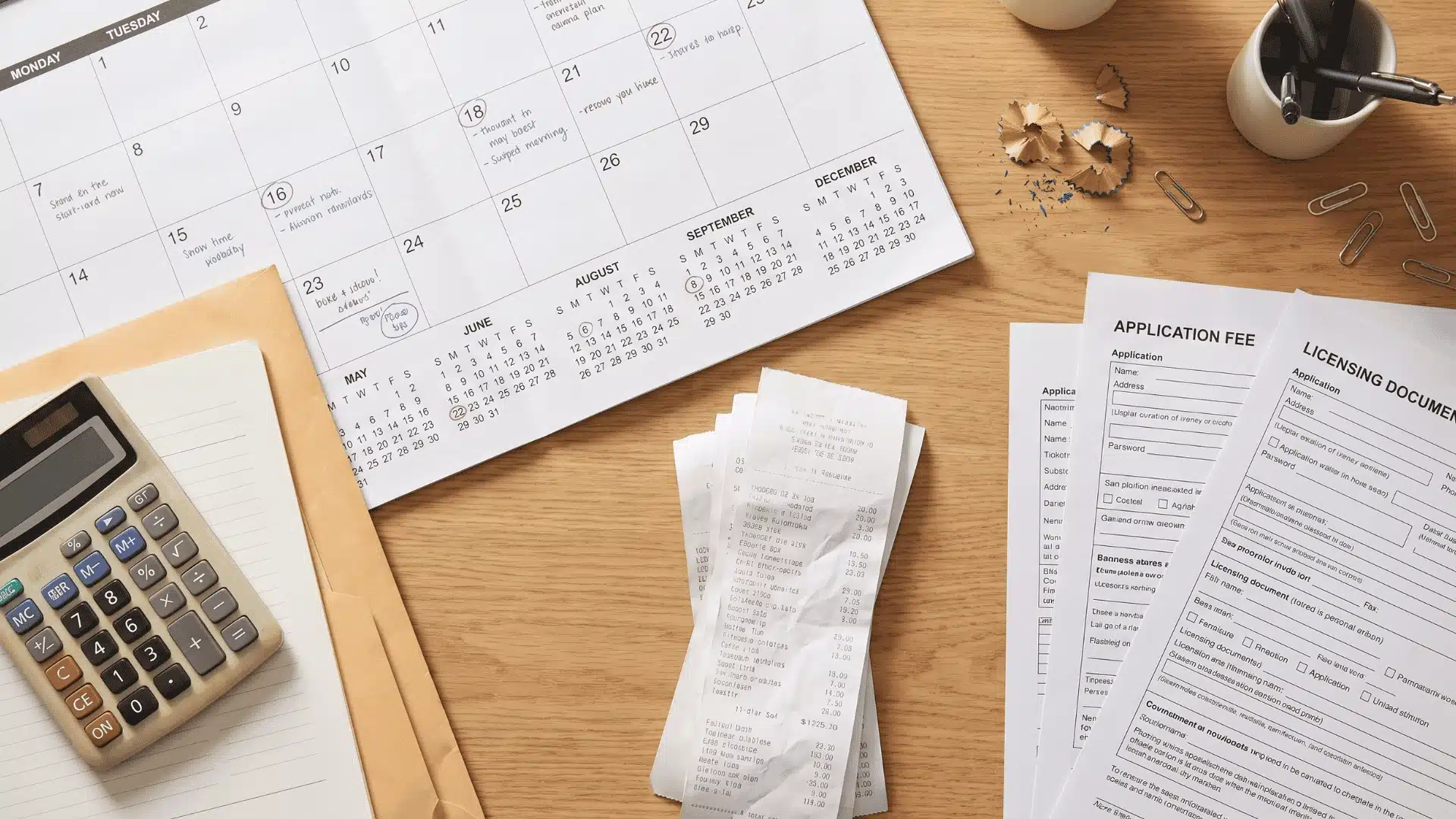 calendar calculator and receipts on desk representing costs and timeline