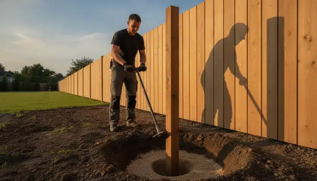 How Professional Fencing Solutions Deliver Lasting Performance Worker installing wooden fence post outdoors in sunlight with tool in hand