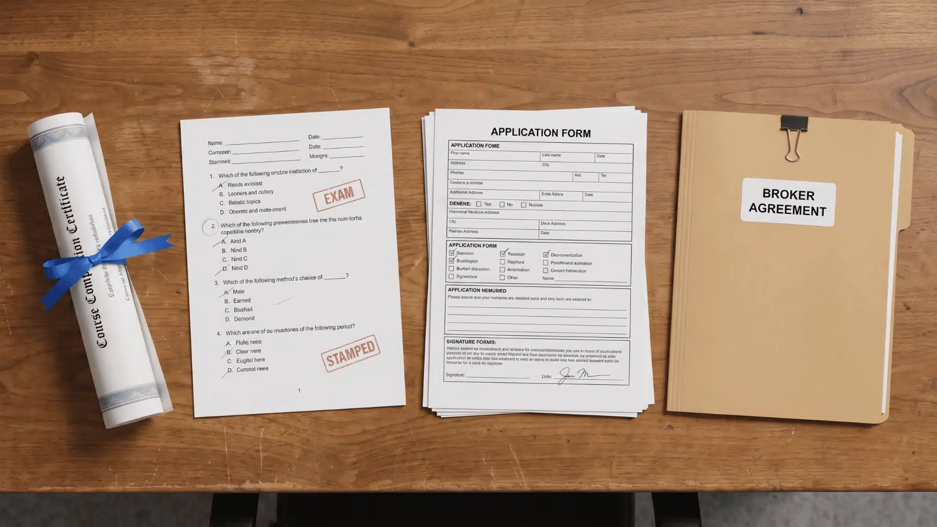 documents arranged in sequence showing licensing steps