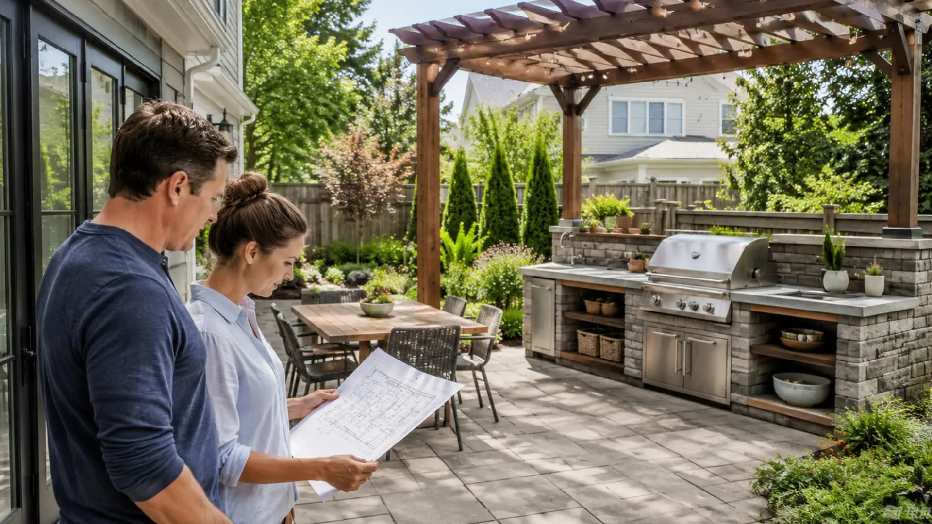 outdoor kitchen plans beside a compact grill station, dining area, stone patio, and weather-protective wooden pergola in backyard
