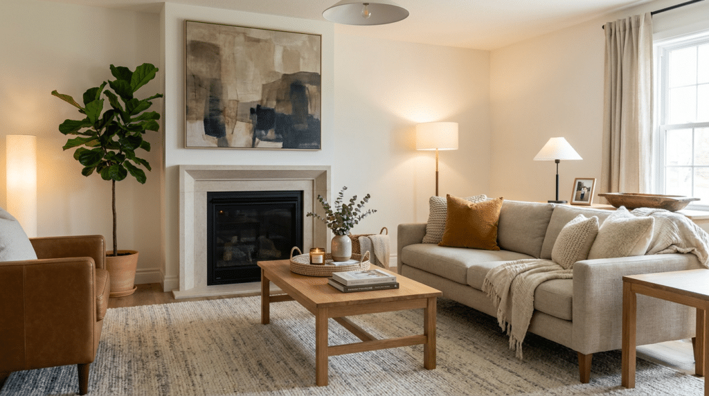 Warm living room with balanced furniture, a large rug, layered textures, wall art, plants, and soft lighting