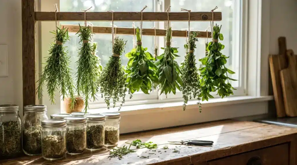 How To Dry Herbs: Easy Methods For Fresh Flavor Fresh herbs drying at home with hanging bundles and storage jars.