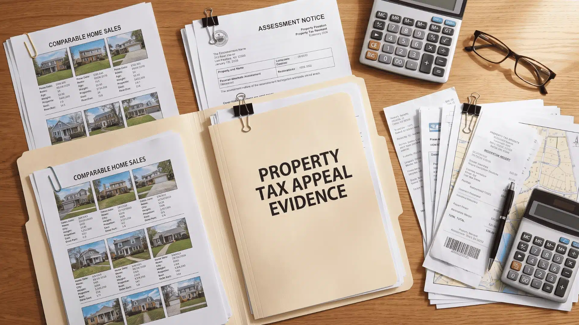 Property tax appeal documents with comparable sales and assessment records on a desk