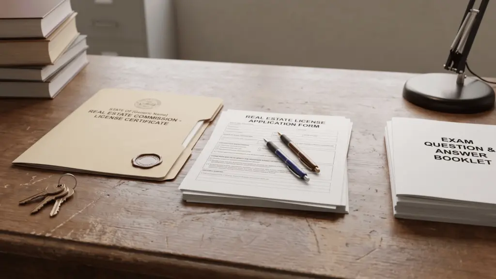 How to Get a Real Estate License? application forms, certificate folder, exam papers, keys on desk