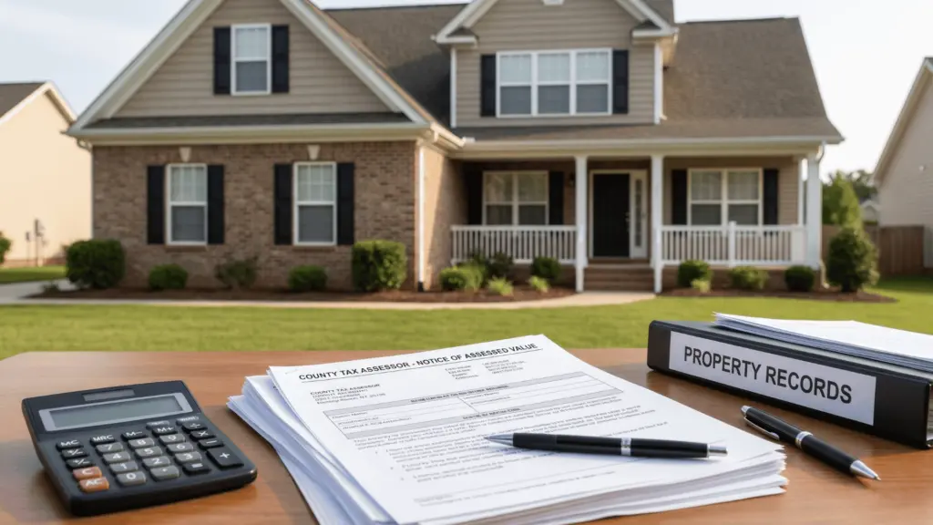 House exterior with property tax assessment documents and records nearby