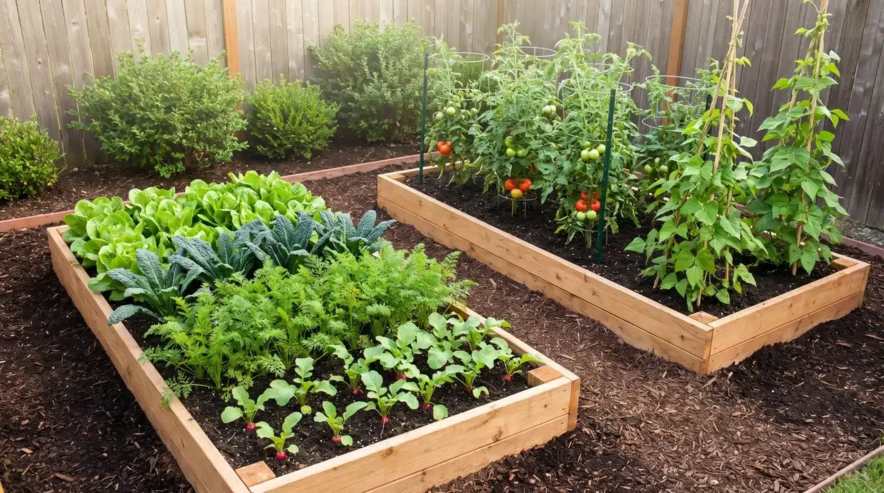 Raised wooden garden beds filled with leafy greens, carrots, radishes, and tomato plants in a backyard vegetable garden.