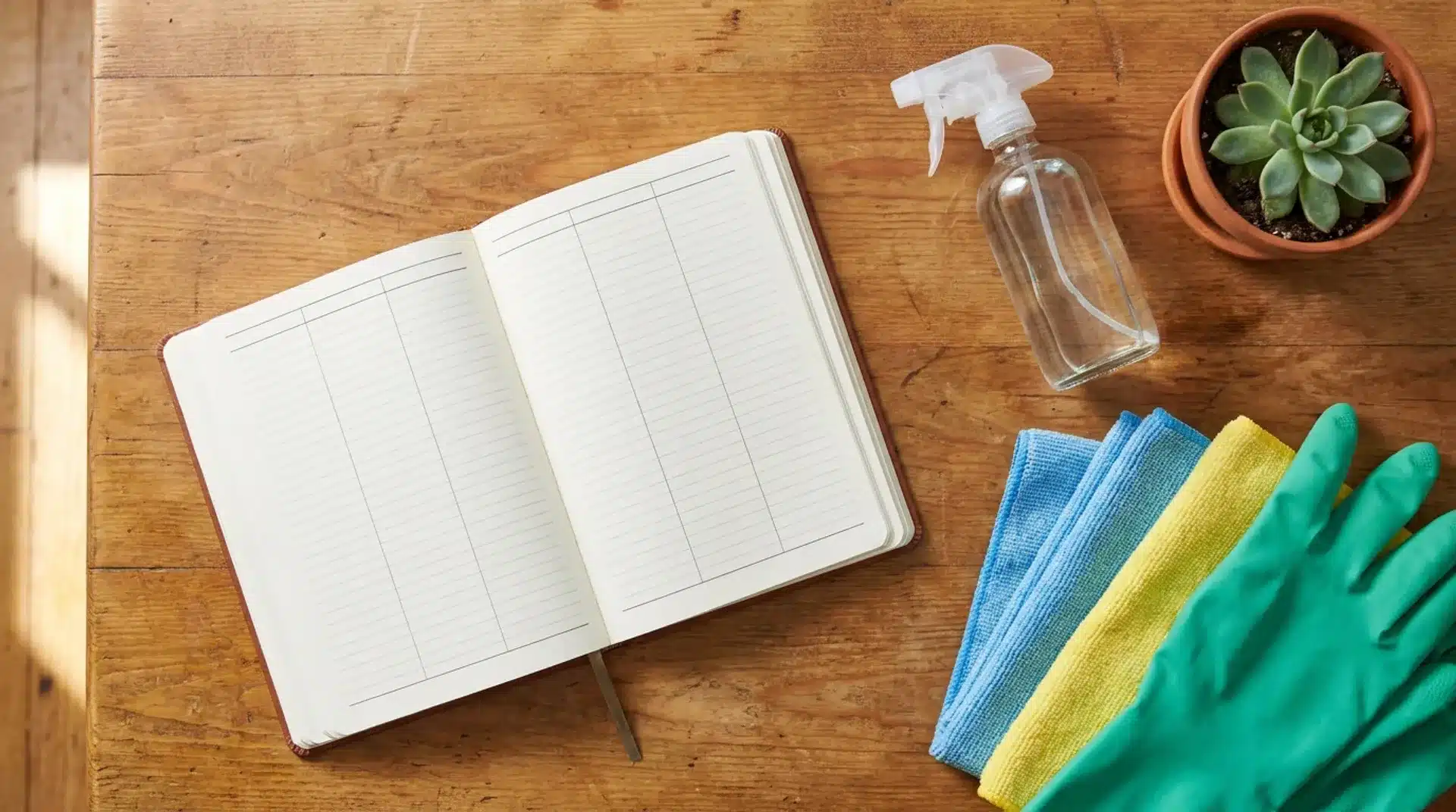Flat lay photo of a weekly planner and cleaning supplies for spring cleaning schedule