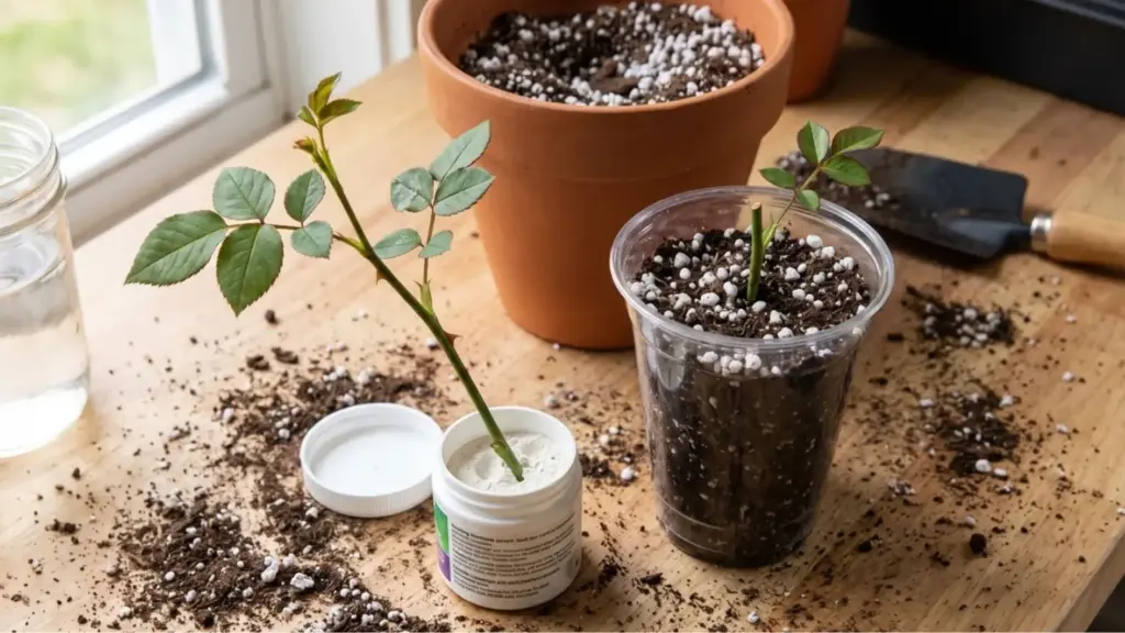 Rose cutting planted in a pot with rooting materials for propagation