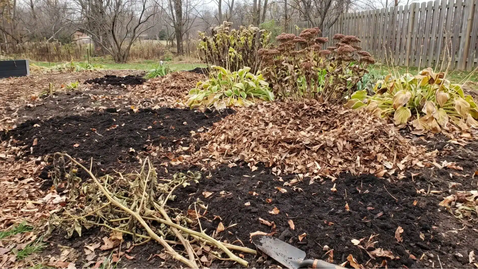 Garden bed with compost, shredded leaf mulch, and perennial plants during winter preparation