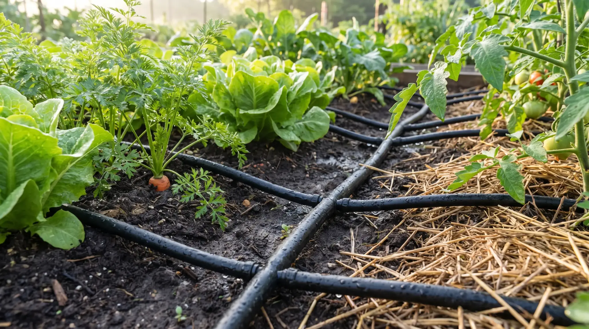 Drip irrigation system watering vegetables in a raised garden bed with mulch-covered soil.