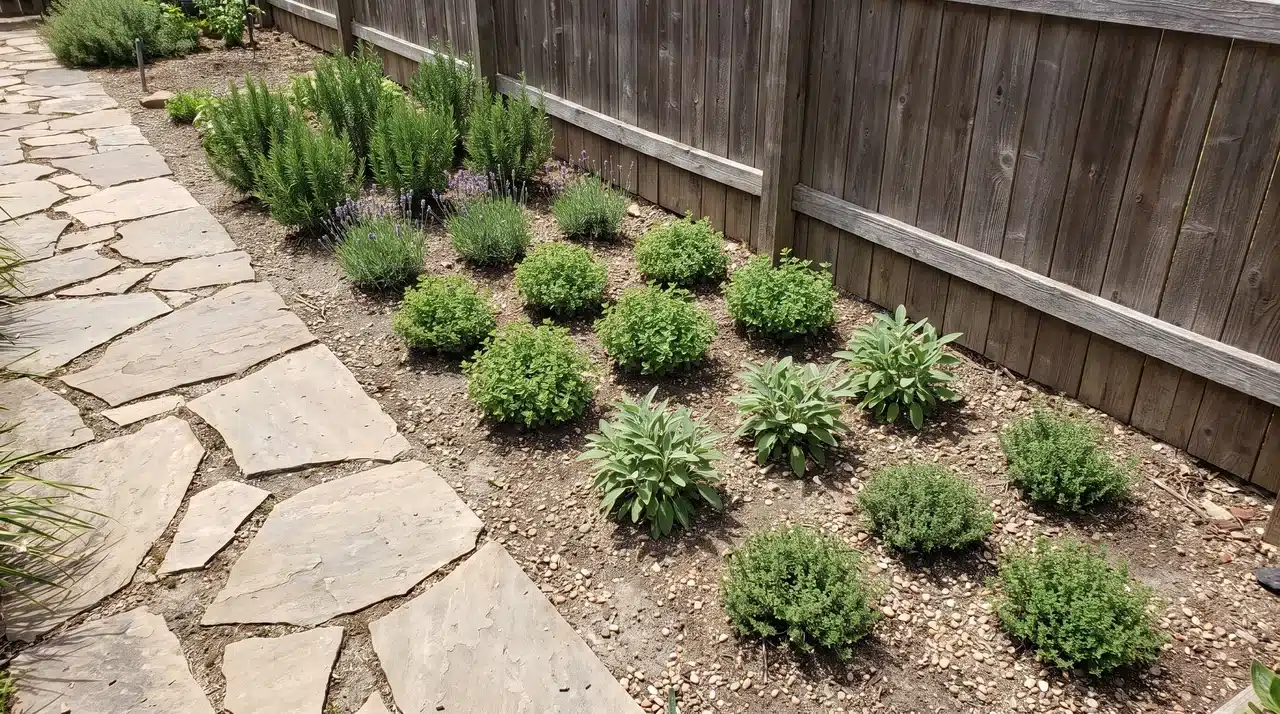 Herb border planted beside a stone path and wooden fence with herbs grouped in a narrow in-ground bed