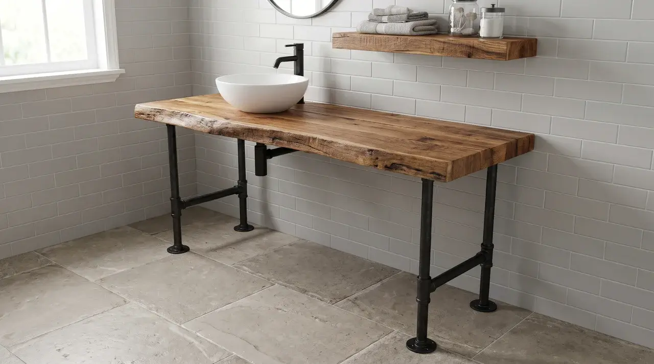 Wood countertop supported by black iron pipe legs with a floating shelf on the wall