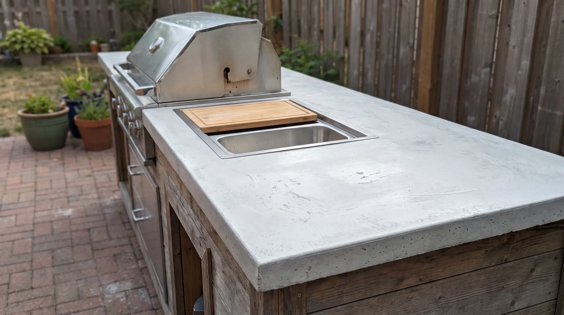 DIY outdoor kitchen with concrete countertop over a grill and prep area