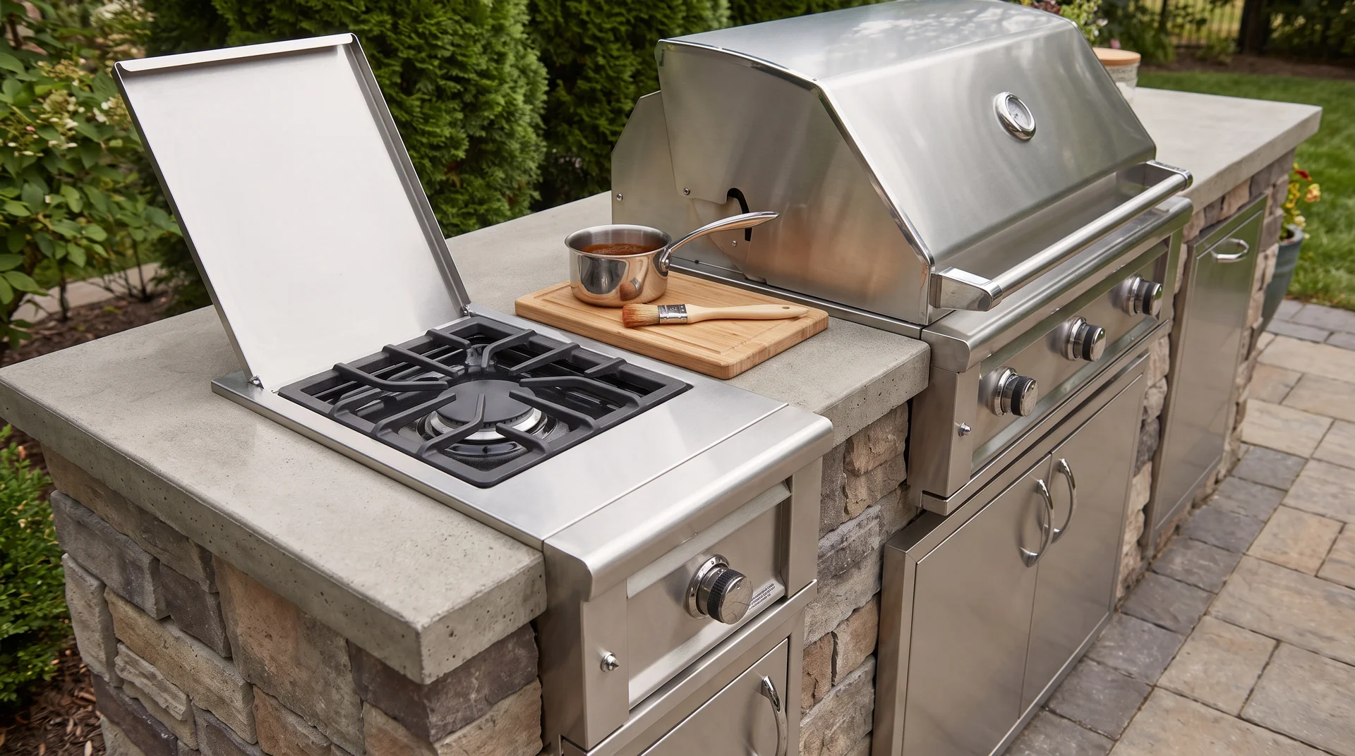 Side burner station attached to a main grill with prep surface in a backyard