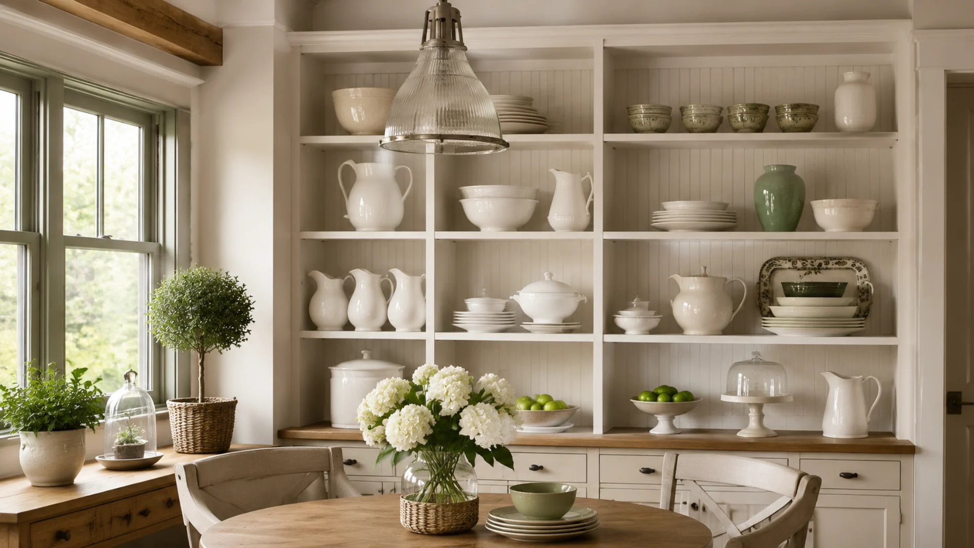 White kitchen with open shelves and dining table decor