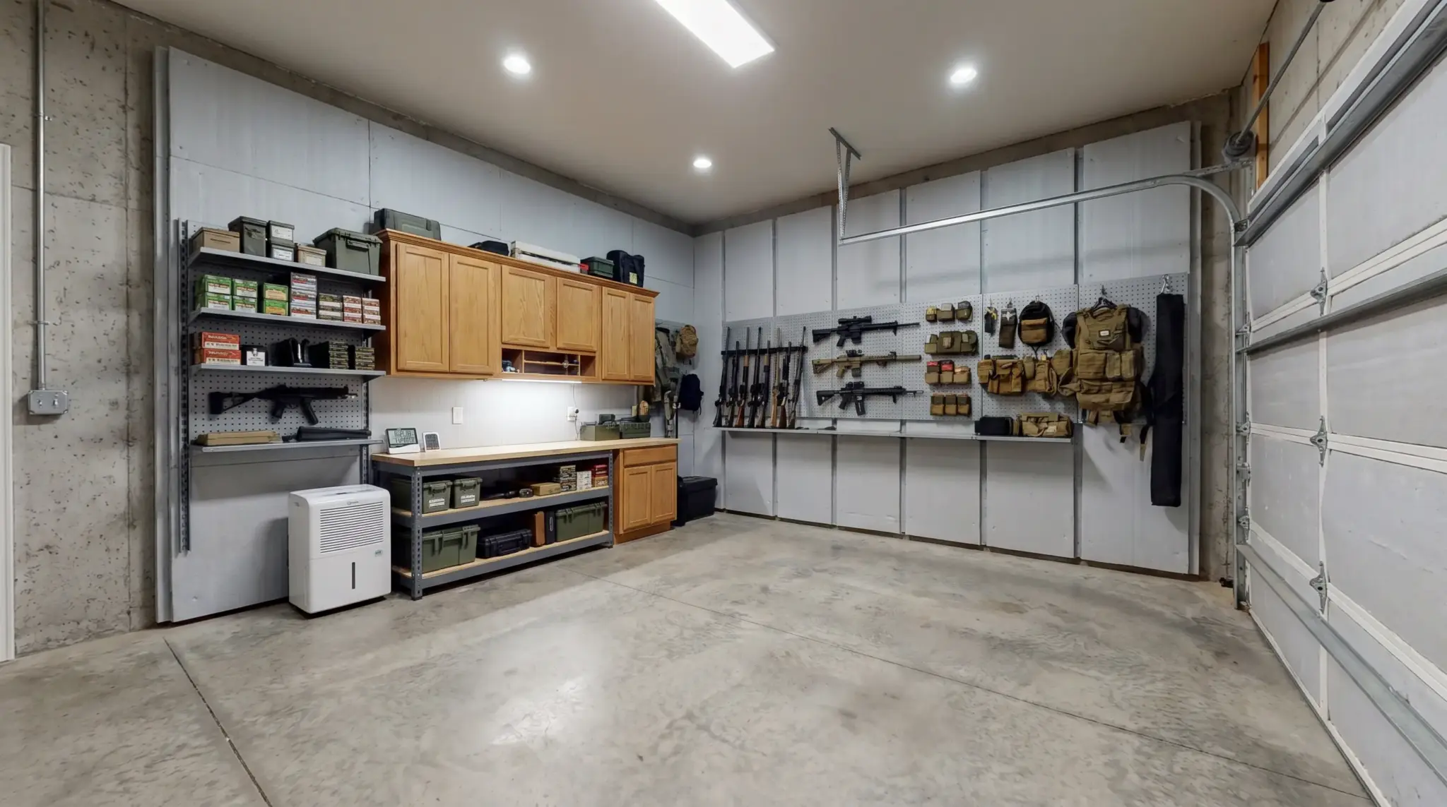 Garage converted into a gun room with insulated walls and organized firearm storage.
