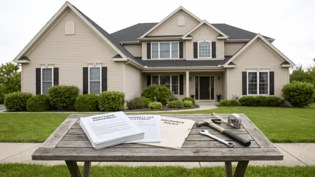 Residential house with mortgage papers, tax documents, and repair tools