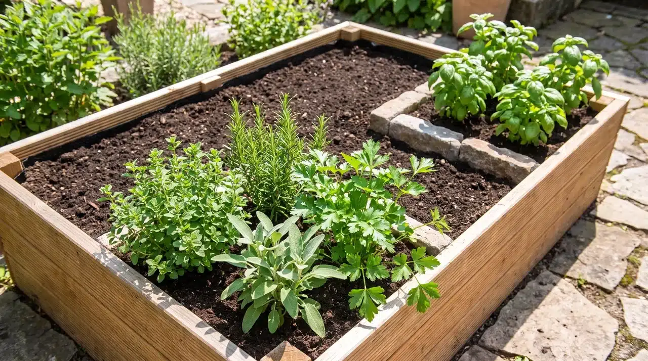 Italian herb garden with oregano, rosemary, sage, parsley together and basil in a separate section