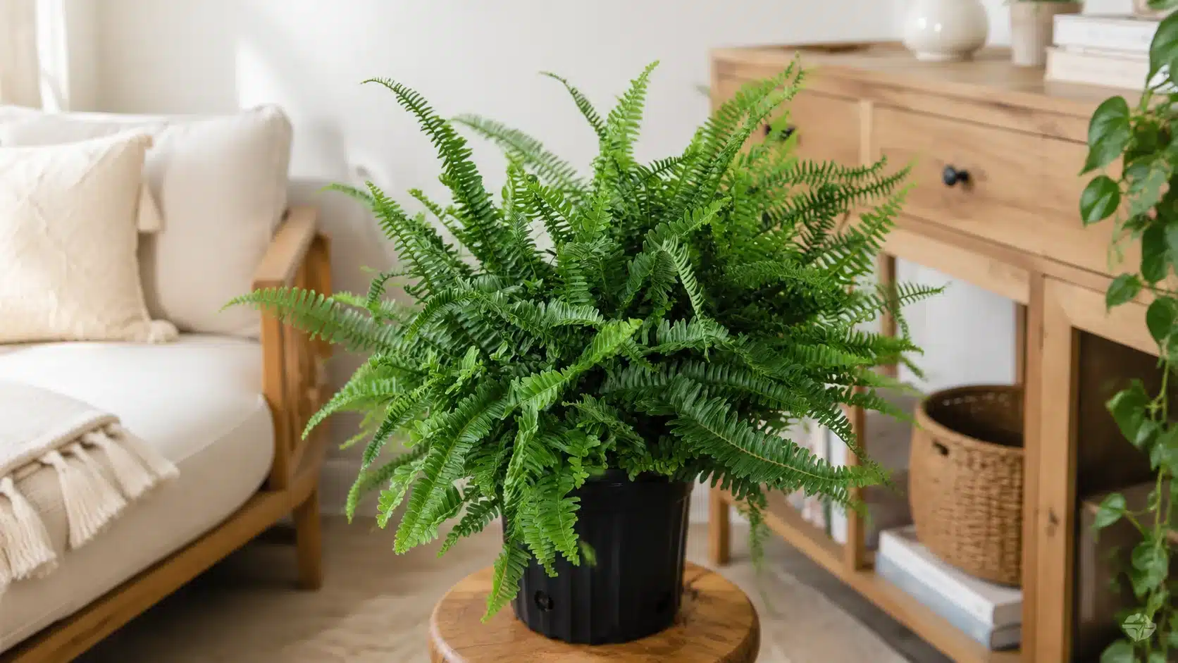 Kimberly Queen fern with upright sword-shaped fronds in a black pot