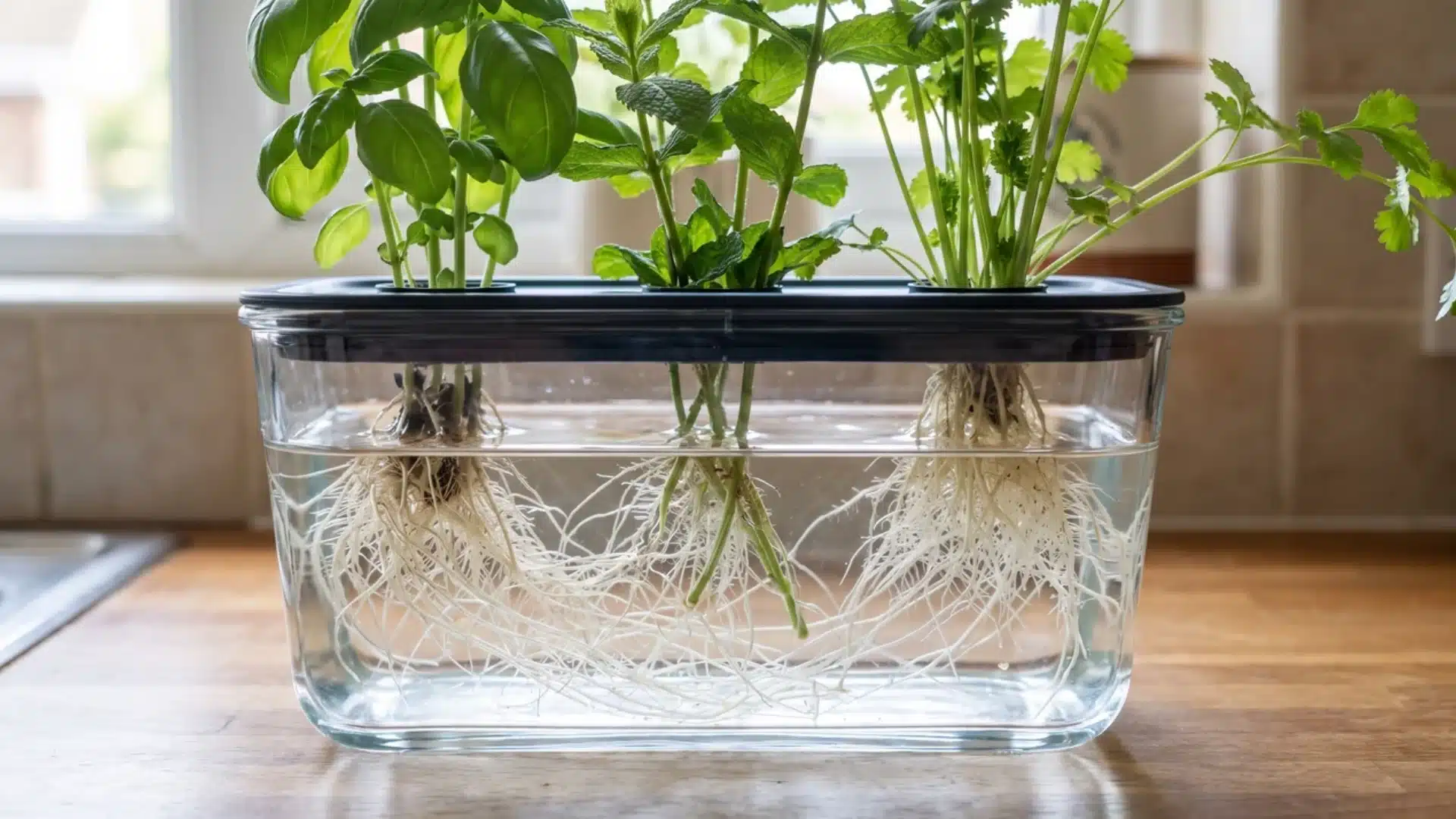 basil mint cilantro roots suspended in water inside countertop hydroponic container