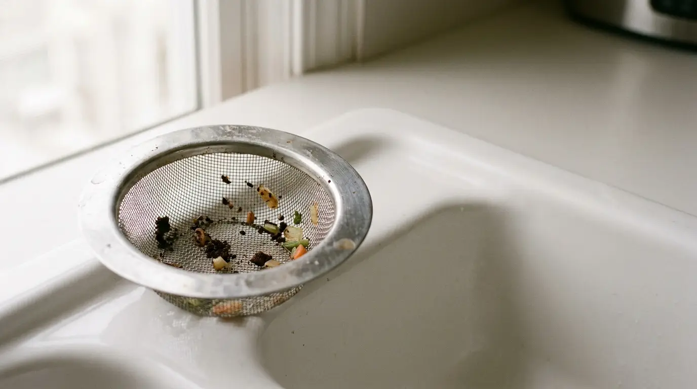 Metal sink strainer with food scraps on white sink in bright kitchen setting