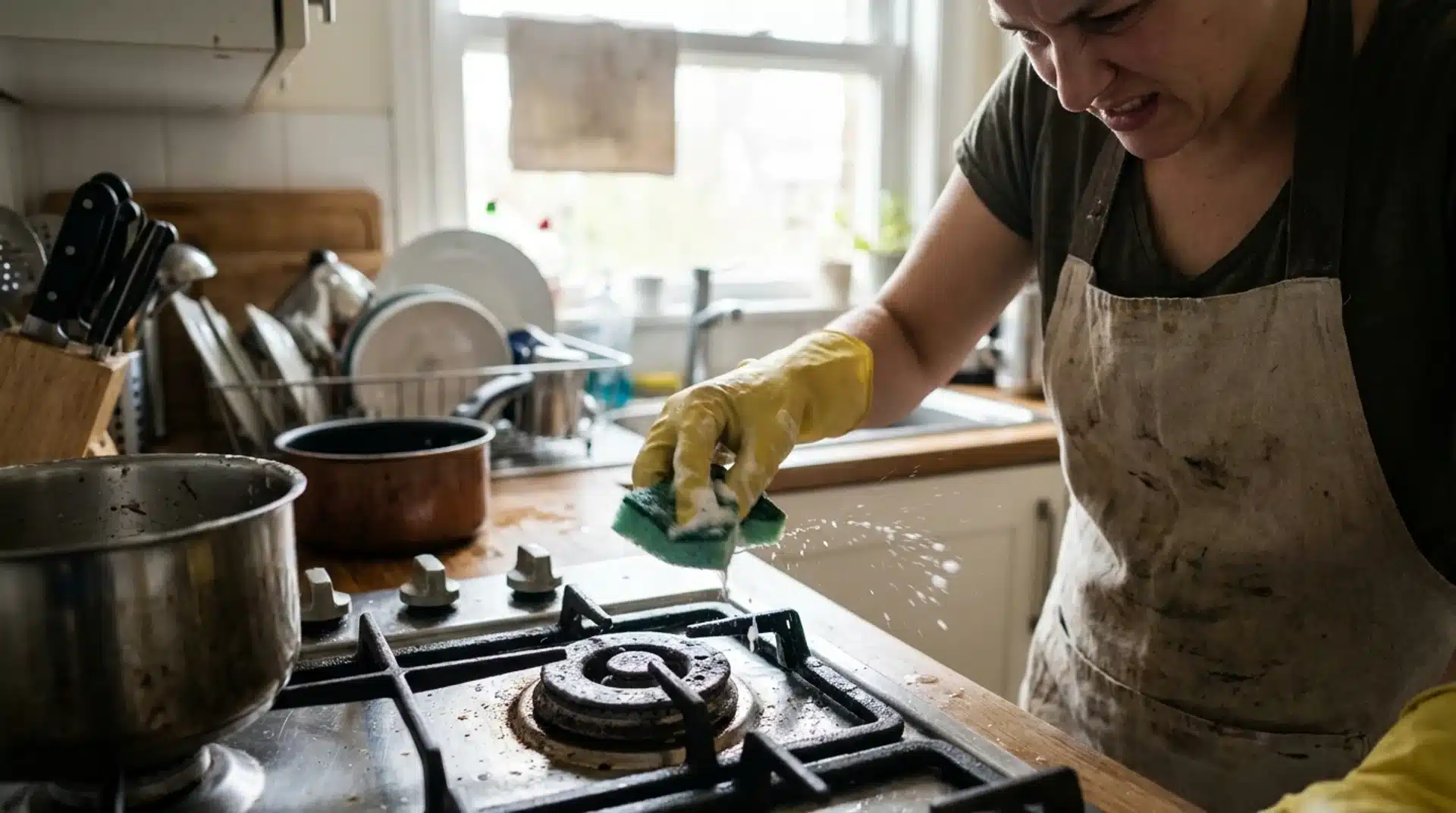 Person scrubbing a stovetop with a sponge in a bright home kitchen