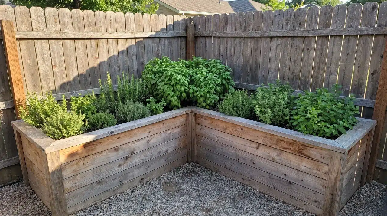 L-shaped raised herb bed in a fenced corner with basil in the sheltered inner corner and herbs along both sides