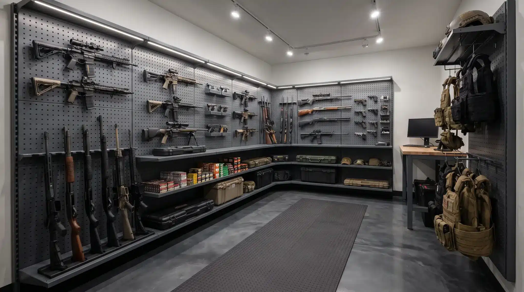 L-shaped gun room layout with organized storage walls and open floor space for easy movement.