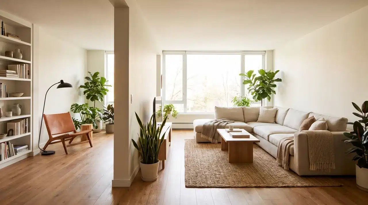L-shaped living room with sectional seating, reading nook, bookshelf, and balanced furniture placement.