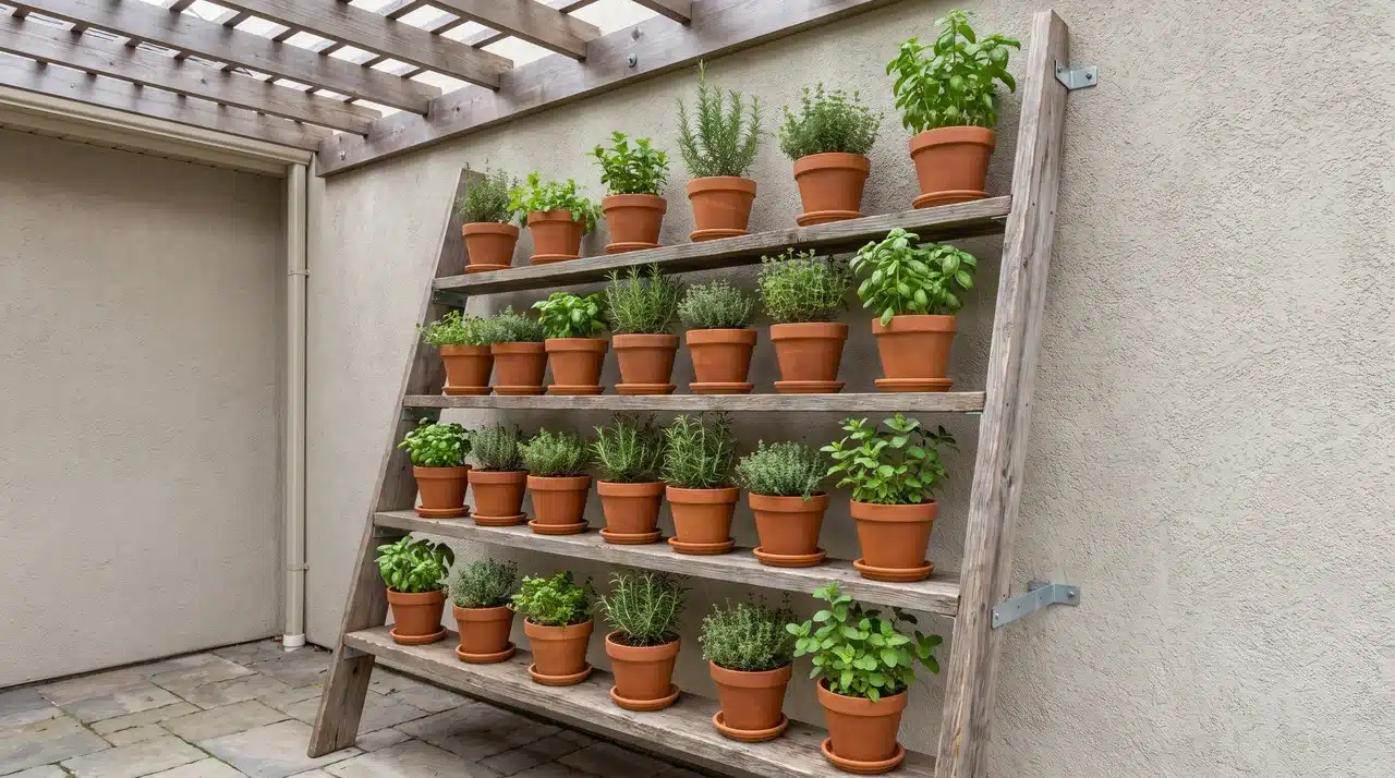 Wooden ladder shelf secured to a wall with potted herbs arranged on tiered shelves in a covered outdoor area