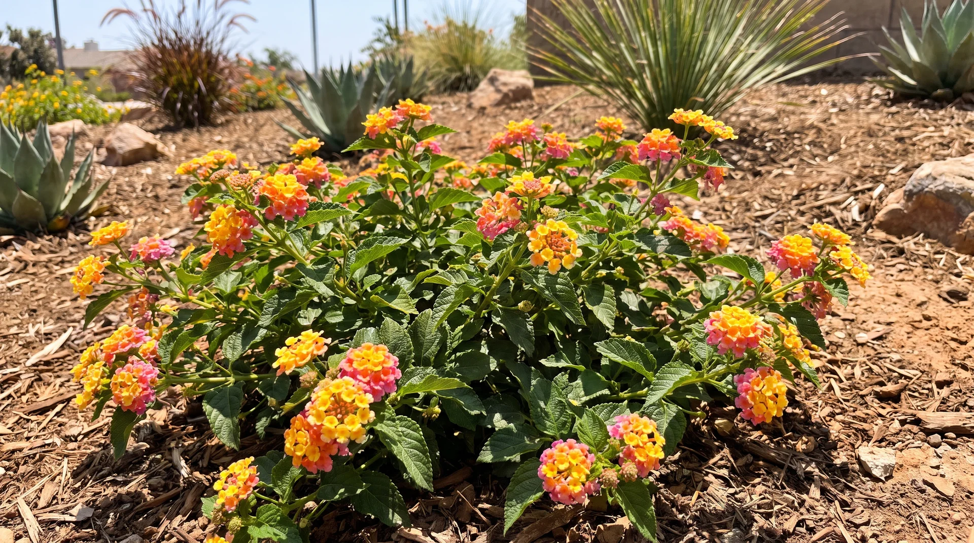 Lantana flower clusters growing in a sunny drought-tolerant garden bed
